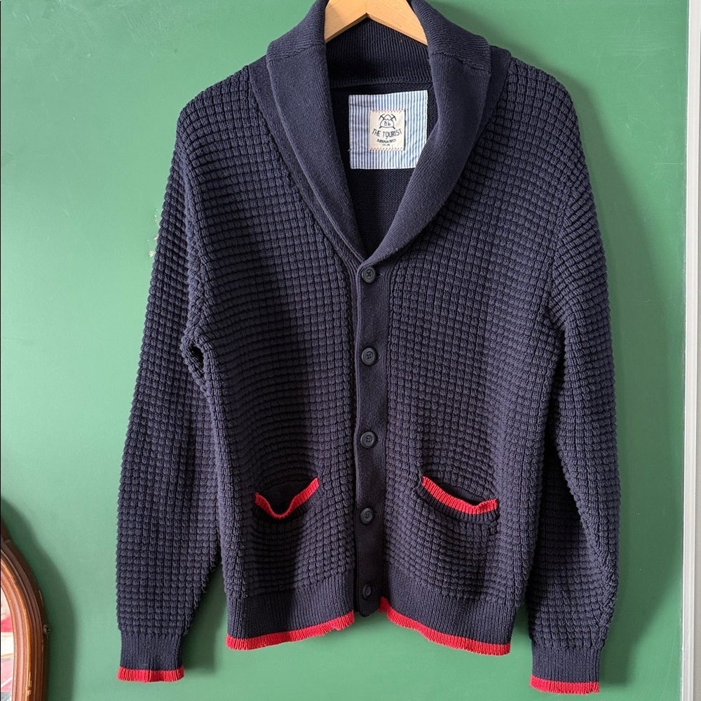Burkman Bros.The Toursit Navy Mens M 100% Cardigan w/ Red Trim & Pockets Preppy